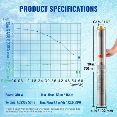 Zdjęcie produktu dla Pompa zanurzeniowa - pompa do wody - pompa - 370W - konstrukcja ze stali nierdzewnej, 230V, do studni i nawadniania - pompa ogrodowa