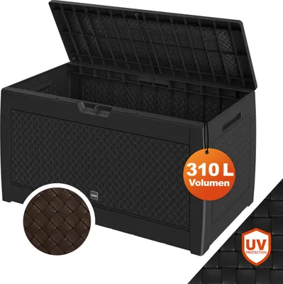 A black plastic storage box with its lid open, shown on a white background.