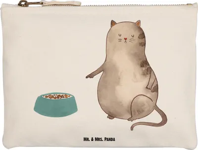Produktbild von Mr. & Mrs. Panda Federtasche Katze Fressen Größe M - Weiß - Geschenk, Schulmäppchen, Kosmetiktasche, beauty case, Kulturbeutel, Schlampermäppchen, kosmetiktäschchen
