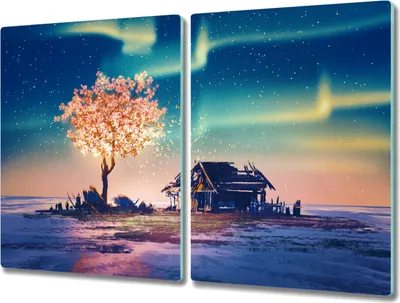 Produktbild von Coloray Herdabdeckplatte 2x40x52 cm Schneidebrett Kochplattenabdeckung Küchenbrett Hackbrett - Baum Nachthimmel