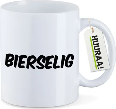 Produktbild von Huuraa Kaffeetasse Bierselig Schriftzug 330ml Weiß Keramik Kaffeebecher Geschenkidee
