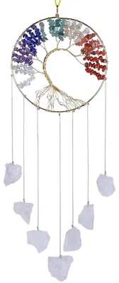 Produktbild von Handgefertigtes Windspiel aus Rohstein, Gartendekoration mit Lebensbaum-Edelstein, Hängeornament mit 7 Chakra-Heilkristallen, Raumdekoration, Bergkristall.