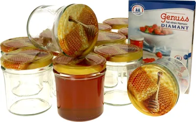 Produktbild von 12er Set Einmachglas 350 ml Deckel Honigwabe Rund- Einkochgläser Vorratsglas Glas Aufbewahrung