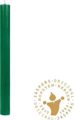 A single green candle stands upright on a white background, with a circular logo featuring text and a stylized flame figure to its right.