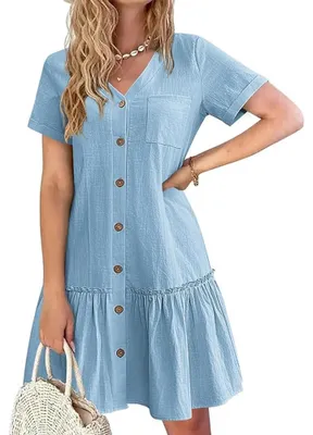 Produktbild von XFSRG Blusenkleid Damen V Ausschnitt Musselin Leinen Kurzarm Casual Rüschenumsch