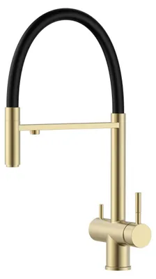 Produktbild von Pure.Sink Elite Steel Flex 3-Wege-Küchenarmatur aus gebürstetem PVD-Gold mit flexiblem Auslauf und gefiltertem Wasser PS8110-60