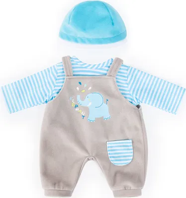 Produktbild von Bayer Design 84676AA Puppenkleidung, Kleider für Puppen 46 cm, 3 Teile, Babypuppen Anziehsachen, blau, grau, Elefantenmotiv