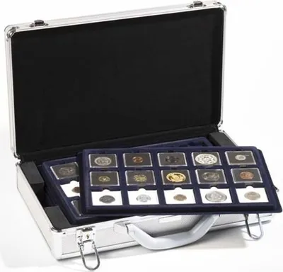 An open silver briefcase containing trays of coins.