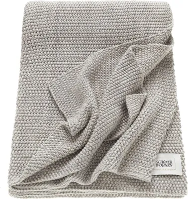 A folded gray knitted blanket is shown on a white background.