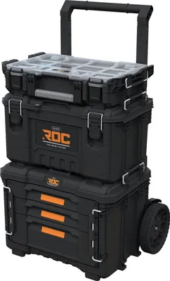Produktbild von Keter Pro Gear XL Werkstattwagen mit Werkzeugkoffer und Organizer - 3 Schubladen - 64x47x79-105 cm - Schwarz