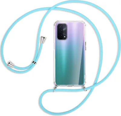 Produktbild von Handykette Backcover-Schutzhülle mit Band (Metall silberfarben) für Oppo A54 5G / A74 5G (CPH2197) - himmelblau