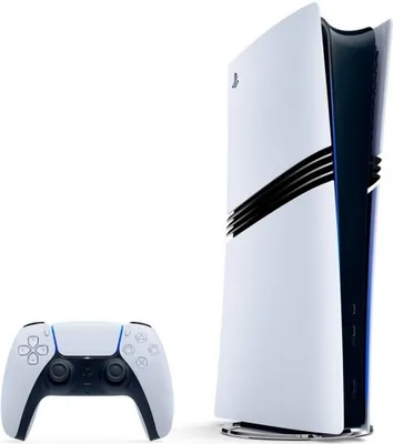 A white PlayStation 5 console and controller are shown against a white background.