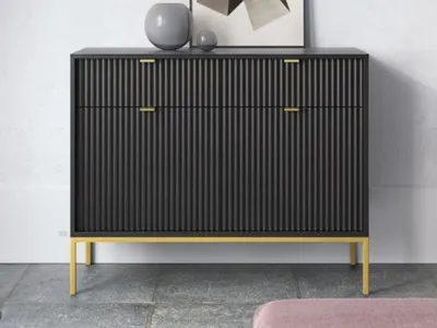 Produktbild von GrainGold Kommode Amber - Kommode mit Schubladen und  Türen - Sideboard, TV-Kommode - Kommode Schwarz mit Golden Beinen