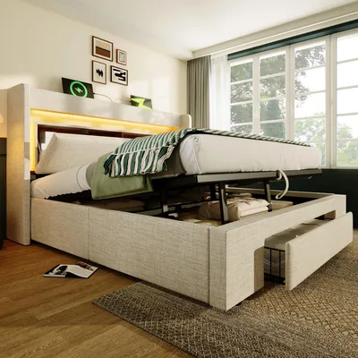 Produktbild von MODFU Polsterbett 180x200 Doppelbett mit Stauraum und Kopfteil mit Aufbewahrungsfach,Holzlatten-Bettgestell mit LED-Beleuchtung sowie USB & USB-C Anschluss,ohne Matratze,Beige