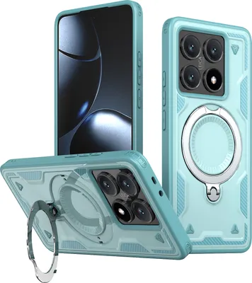 A turquoise phone case with a metal ring stand is displayed from multiple angles against a white background.