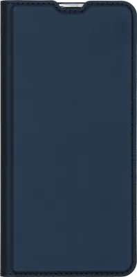 A closed blue flip case for a smartphone.
