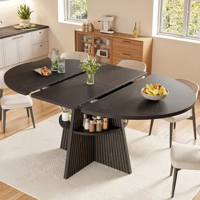 Immagine prodotto di Tavolo rotondo da pranzo okwish con piano allungabile, angoli arrotondati, tavolo da cucina con spazio di stoccaggio aperto, piano spesso, colore nero