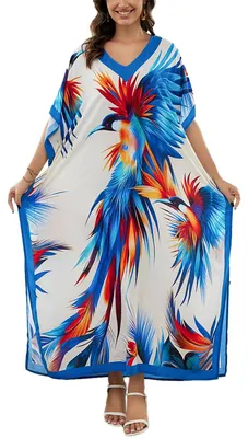 Image de SolidKeus - Longue robe plage style kimono, maxi caftan blanc avec motif cercle bleu