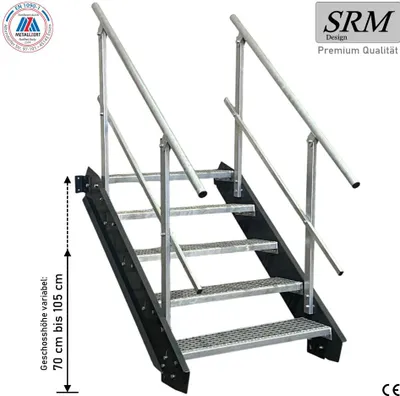 Produktbild von 5 Stufen Stahltreppe anthrazit Breite 80 cm Geschosshöhe 70 - 105 cm 2x Geländer