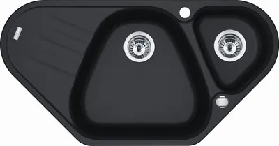 A top-down view of a black kitchen sink with two basins and a draining board.