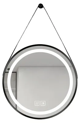 Image de Miroir de salle de bain LED rond avec éclairage, anti-buée, miroir mural tactile, variateur d'intensité, miroir décoratif avec cadre, diamètre 50 cm, noir