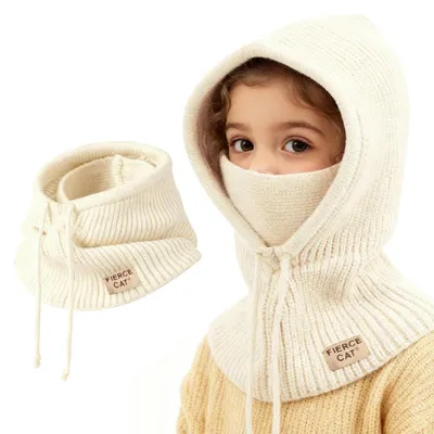 Immagine prodotto di Cappuccio antivento invernale per bambini, in maglia, caldo, con scaldacollo integrato, color beige, taglia 47-52 cm