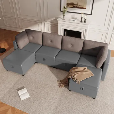 Produktbild von MODFU U-förmiges Sofa Modulares Sofa Für 5–6 Personen geeignet Ecksofa mit Stauraum Wohnzimmersofa Schlafsofa mit Armlehnen und Polstern Sitzgruppe Antikgrau