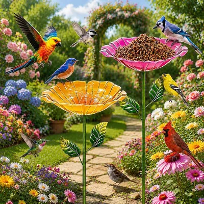 Image de Deux abreuvoirs pour oiseaux, en métal, en forme de fleur, pour insectes. À planter dans le jardin. Diamètre : 27 cm