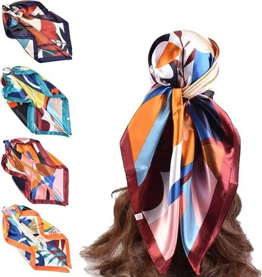 Produktbild von Premium-Set aus 4 weichen Satin-Orangen Damen-Halstüchern 90 x 90 cm - Sommerliche Kopftücher - Stilvolle Haaraccessoires