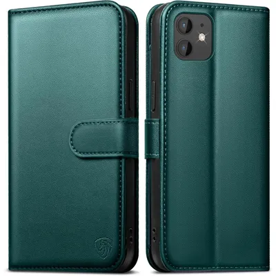 Obrázok produktu pre Puzdro na iPhone 11, flipové puzdro z umelého koženky s 6 priehradkami na karty, ochrana proti RFID, funkcia stojanu, zelená farba
