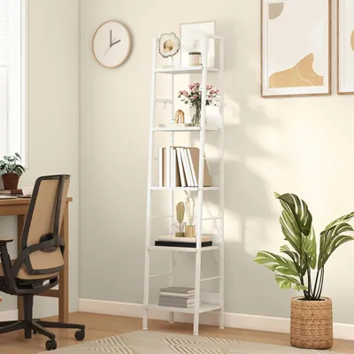 Produktbild von Bücherregal 5 Etagen schmal hoch Leiterregal Holz Metall Reinweiß 19x35x170 cm