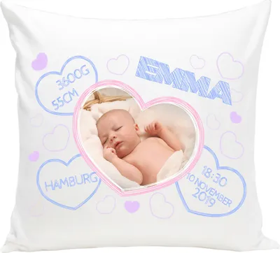 Produktbild von Personalisiertes Kissen mit Namen Baby-Geschenk zur Geburt Taufe für Mädchen Jungen Neugeborene mit Geburtsdaten und Namen & Datum (mit Füllung) Herzen [095]
