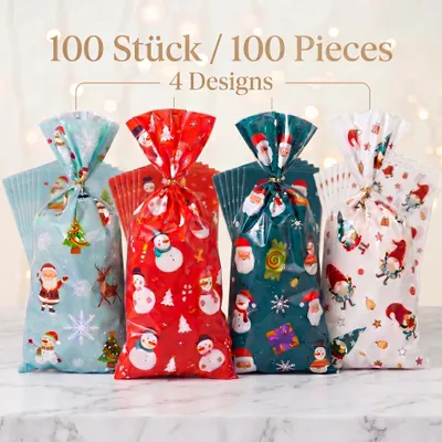 Produktbild von 100 Geschenktüten Weihnachten Adventskalender zum Befüllen Weihnachtstüten Nikolaustüten Goodie Bags ideal für Süßigkeiten Plätzchen DIY-Geschenke