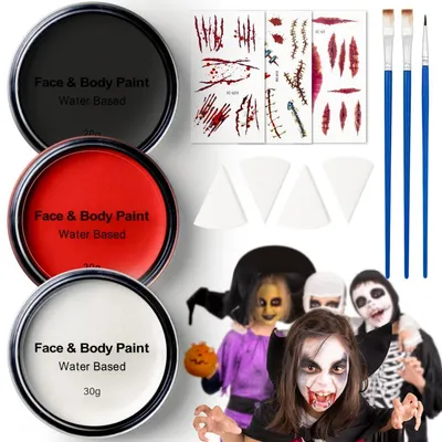 Zdjęcie produktu dla Zestaw wodoodpornych farb do malowania twarzy dla dzieci, 3 x 30g. Farby do malowania na Halloween, w zestawie z pędzlami i gąbkami