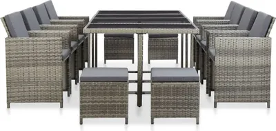 Immagine prodotto di set da pranzo da giardino 13 pezzi con cuscini in poly rattan grigio