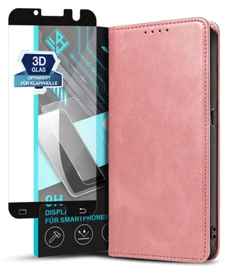 Produktbild von Handyhülle für Samsung Galaxy S7 mit 9H Displayglas Kunstleder Flip Cover Hülle Klapphülle Case Kartenfach Farbe: Rosa