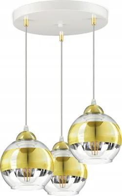A white ceiling plate with three hanging lamps with gold and transparent glass spheres.