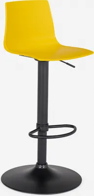 A yellow and black adjustable bar stool is shown against a white background.