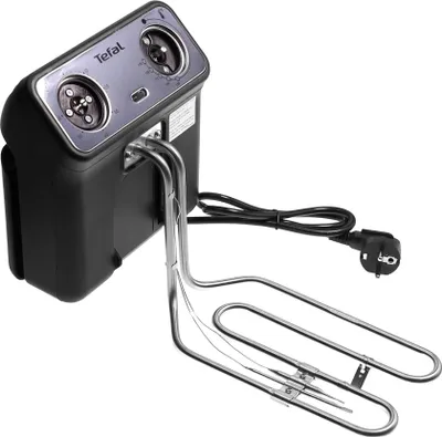 A black and silver deep fryer heating element and control unit with a power cord and plug.