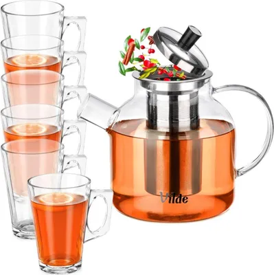Produktbild von Vilde | Kanne mit Teesieb - Glas - 1,2 l - mit Gläsern mit Henkel 255 ml - 6 Stück