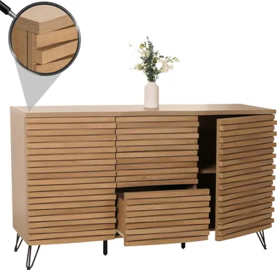 Produktbild von Kredens HWC-M49, komoda z szufladami, wysoka komoda, schowki 3D, MDF metal 85x142x44cm ~ natura