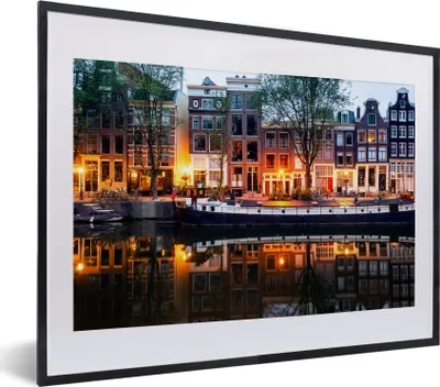 Produktbild von MuchoWow® MuchoWow® Gerahmtes Poster Grachtenhäuser in Amsterdam am Abend 40x30 cm - Poster mit zchwarzem Bilderrahmen - Bilderrahmen - Poster im Rahmen