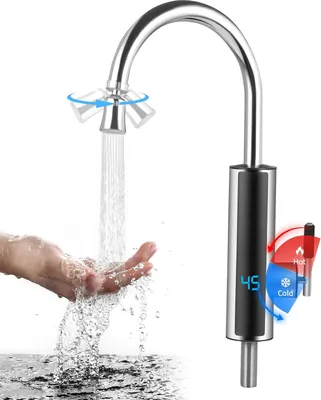 Obrázek produktu pro Elektrický průtokový ohřívač vody - 3000 W 220 V EU zástrčka - Okamžitě horká voda, bez zásobníku - Teplá/studená voda - Kuchyně a koupelna - Digitální displej - Stříbrná barva