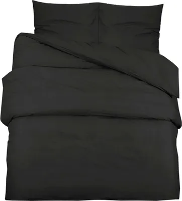 A black duvet cover and pillow set laid out on a white background.