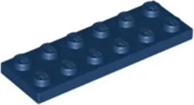 A single dark blue Lego plate with 2x6 studs, shown at an angle on a white background.