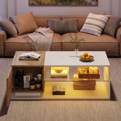 Produktbild von MODFU Couchtisch Wohnzimmertisch mit LED-Beleuchtung,Beistelltisch mit Hochglanz-Design,Kaffeetisch Sofatisch mit Stauraum,105x50x36cm,Weiß+Eiche