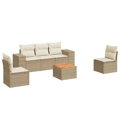 Produktbild von 6-teiliges Gartenmöbel-Set, modulare Sofagarnitur mit Stauraum, PE-Rattan, Akazienholz-Tisch, UV-beständig, Beige, Cremeweiß