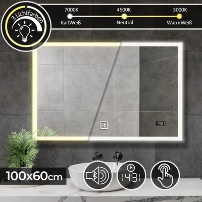 A bathroom mirror with LED lighting, showing different light color temperatures and features like a digital clock and Bluetooth icon.