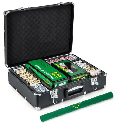 Immagine prodotto di Set da poker - 600 fiches da poker - Custodia da poker nera - 6 mazzi di carte - 5 dadi e pulsante del banco - Tappetino da gioco - Miscelatore di carte e distributore di carte