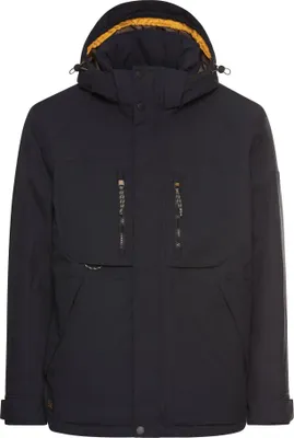 A studio shot of a dark blue winter jacket.